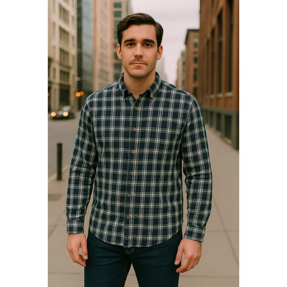J Crew Brushed Twill Slim Plaid Flannel Shirt Mens Size Large Button Up Blue - Picture 1 of 11